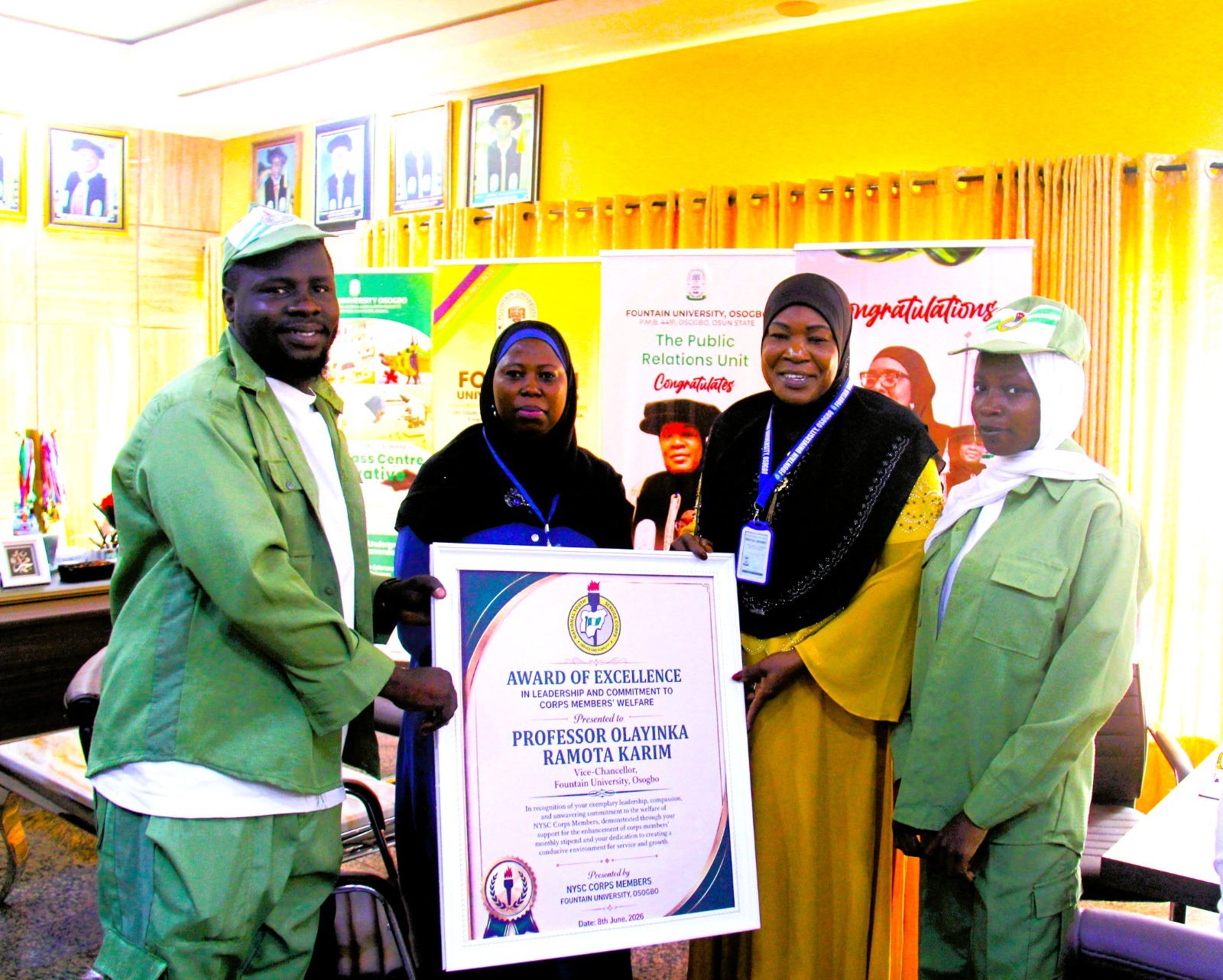 NYSC Honours Vice Chancellor, Others for Exceptional Welfare of FUO Corps Members