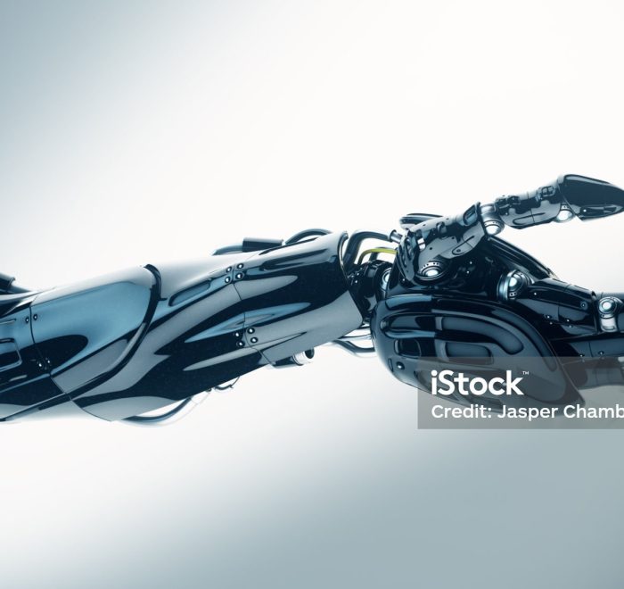 Future technology in black prosthetic hand on white. 3ds max render. Futuristic innovation - artificial arm